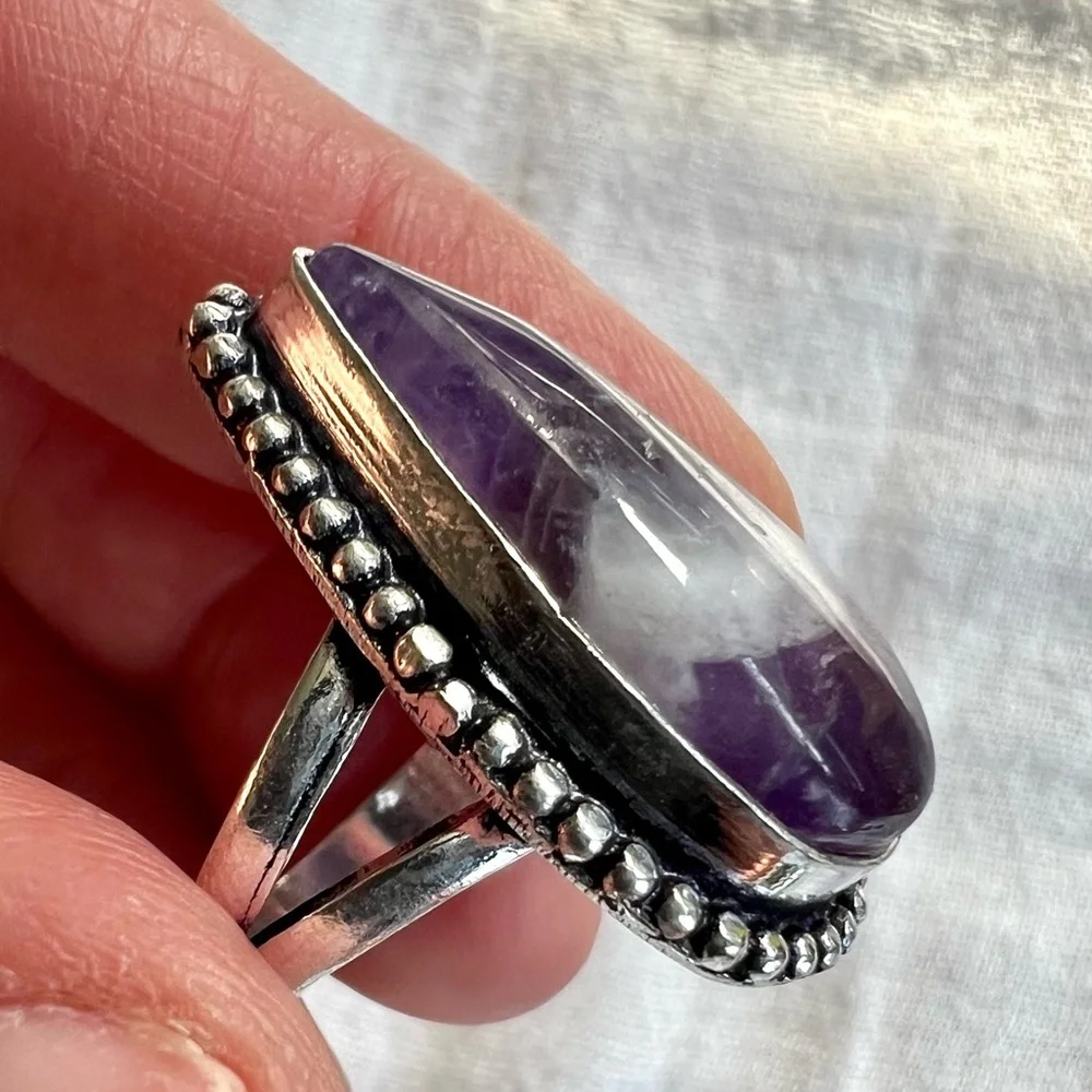 925 Crown Chakra Amethyst Teardrop Ring 8 - Picture 8 of 9
